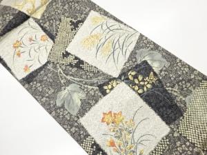 色紙に芒・草花模様織出し袋帯